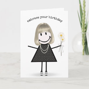 Birthday Stick Figure Girl with Daisies  Card