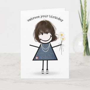 Birthday Stick Figure Girl with Daisies Card