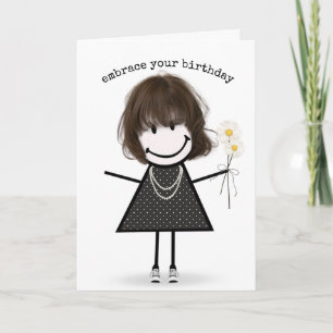 Birthday Stick Figure Girl with Daisies Card