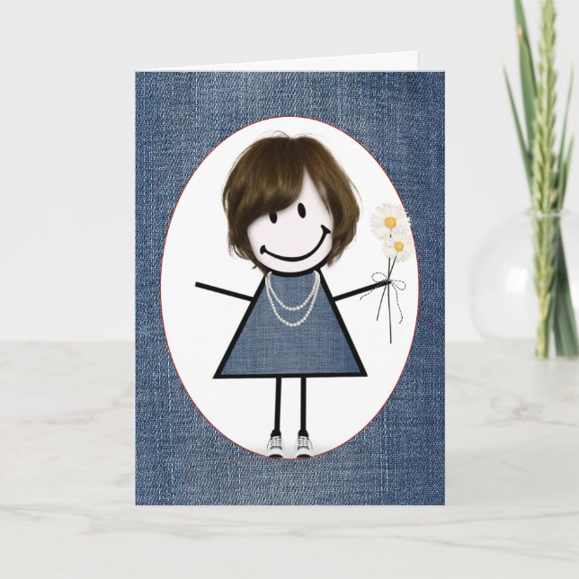 Birthday Stick Figure Girl with Daisies  Card (Front)