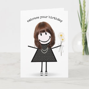 Birthday Stick Figure Girl with Daisies Card