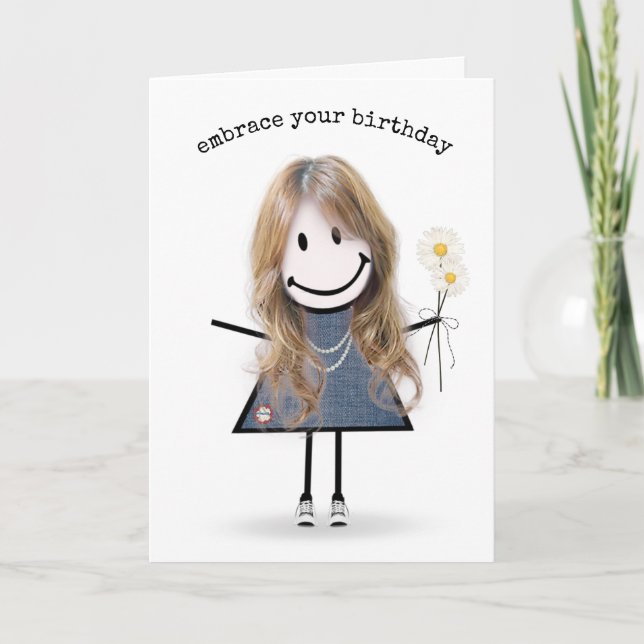 Birthday Stick Figure Girl with Daisies  Card (Front)