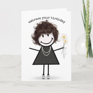 Birthday Stick Figure Girl with Daisies Card