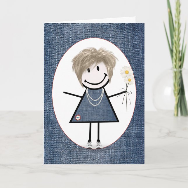 Birthday Stick Figure Girl with Daisies   Card (Front)