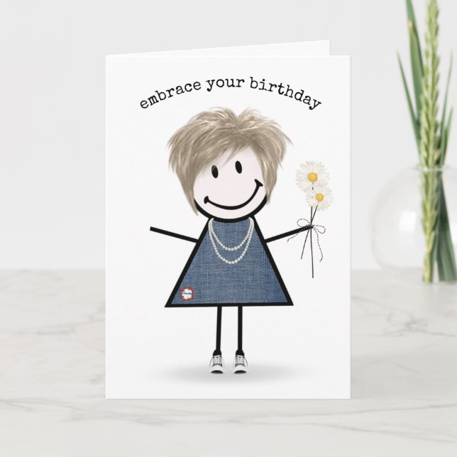 Birthday Stick Figure Girl with Daisies    Card (Front)
