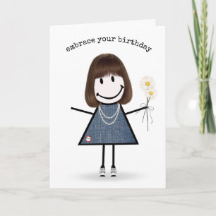 Birthday Stick Figure Girl with Daisies  Card
