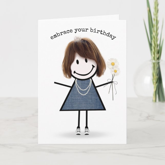 Birthday Stick Figure Girl with Daisies   Card (Front)