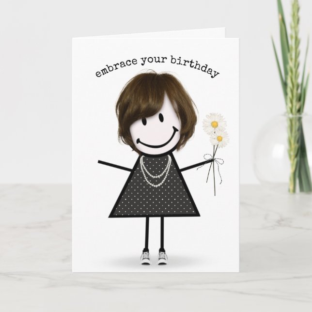Birthday Stick Figure Girl with Daisies Card (Front)