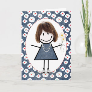 Birthday Stick Figure Girl with Daisies Card