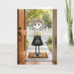 Birthday Stick Figure Girl with Daisy Bouquet Card