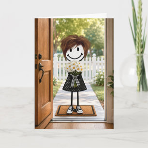 Birthday Stick Figure Girl with Daisy Bouquet Card