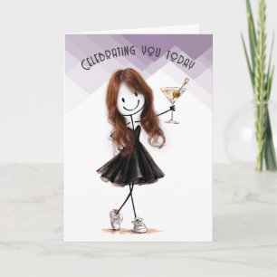  Birthday Stick Figure Girl with Martini Card