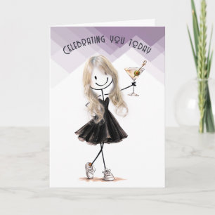  Birthday Stick Figure Girl with Martini Card