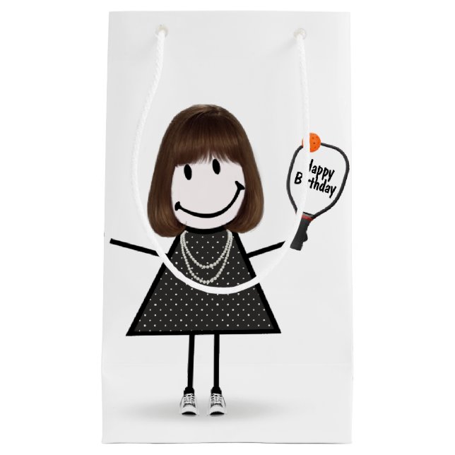 Birthday Stick Figure Girl with Pickleball Small Gift Bag (Front)