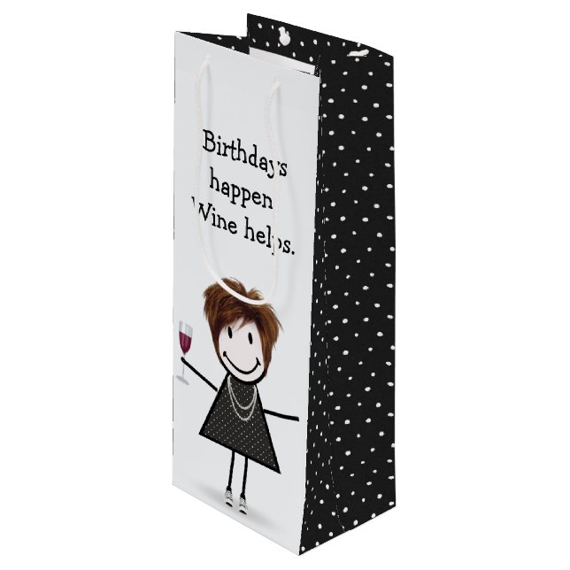 Birthday Stick Figure Girl with Red Wine  Gift Bag (Front Angled)