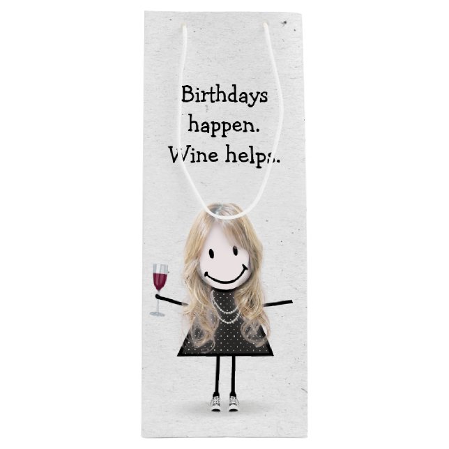 Birthday Stick Figure Girl with Red Wine Gift Bag (Front)