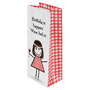 Birthday Stick Figure Girl with Red Wine Gift Bag