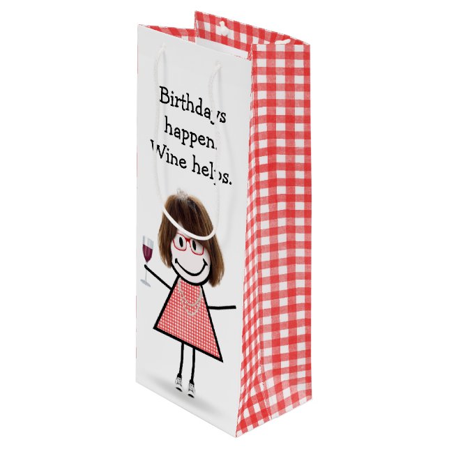 Birthday Stick Figure Girl with Red Wine Gift Bag (Front Angled)