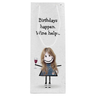 Birthday Stick Figure Girl with Red Wine Glass Gift Bag