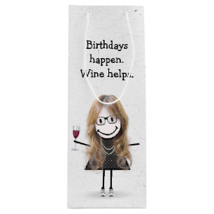 Birthday Stick Figure Girl with Red Wine Glass  Gift Bag