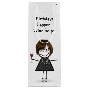 Birthday Stick Figure Girl with Red Wine Glass Gift Bag
