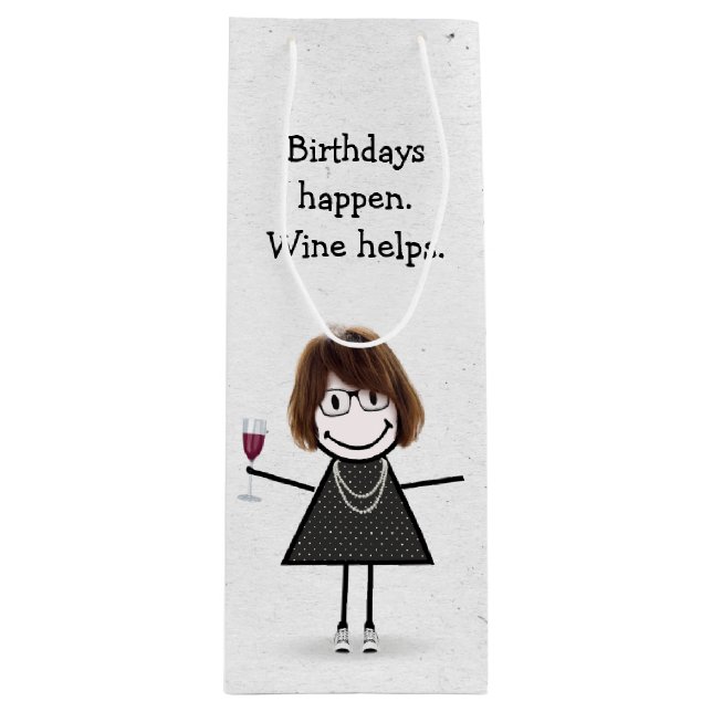 Birthday Stick Figure Girl with Red Wine Glass  Gift Bag (Front)