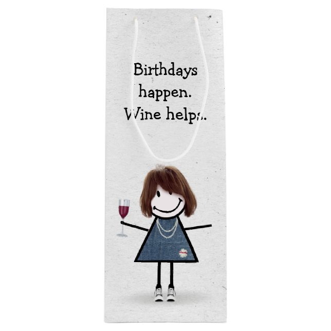 Birthday Stick Figure Girl with Red Wine Glass Gift Bag (Front)