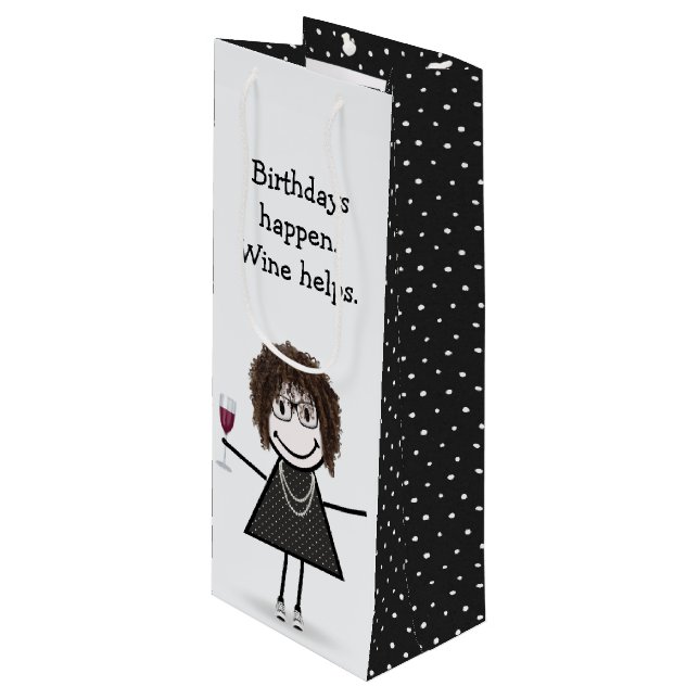 Birthday Stick Figure Girl with Red Wine Glass Gift Bag (Front Angled)