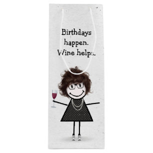 Birthday Stick Figure Girl with Red Wine Glass Gift Bag