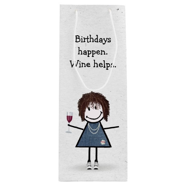 Birthday Stick Figure Girl with Red Wine Glass Gift Bag (Front)