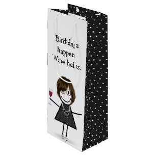 Birthday Stick Figure Girl with Red Wine Glass Wine Gift Bag