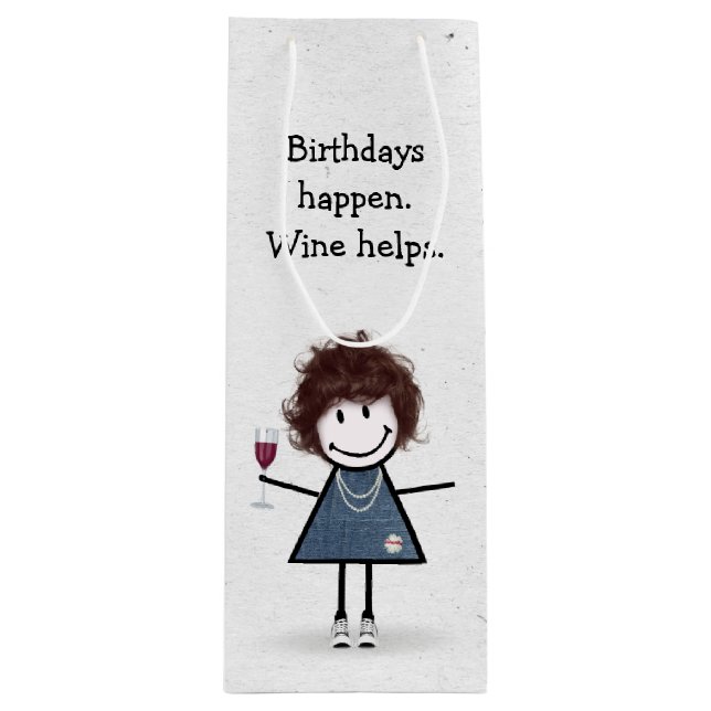 Birthday Stick Figure Girl with Red Wine Glass Wine Gift Bag (Front)