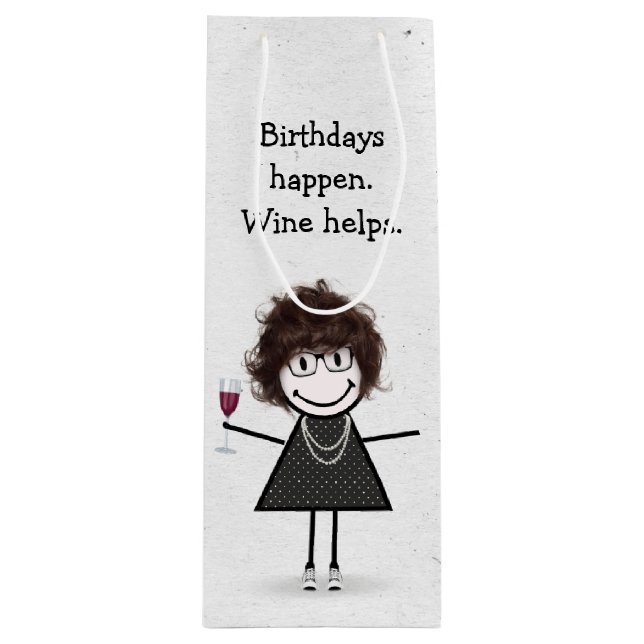 Birthday Stick Figure Girl with Red Wine Glass Wine Gift Bag (Front)