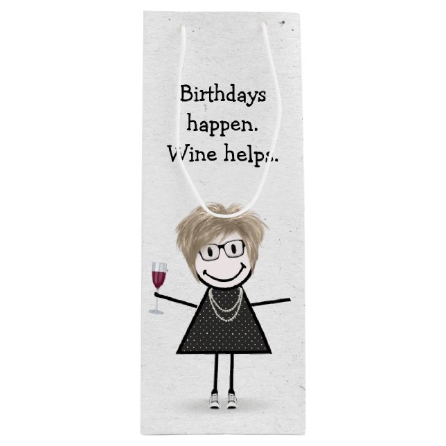 Birthday Stick Figure Girl with Red Wine Glass Wine Gift Bag (Front)