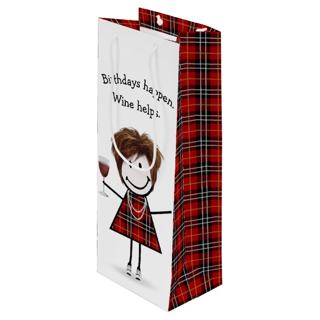 Birthday Stick Figure Girl with Red Wine   Wine Gift Bag (Front Angled)