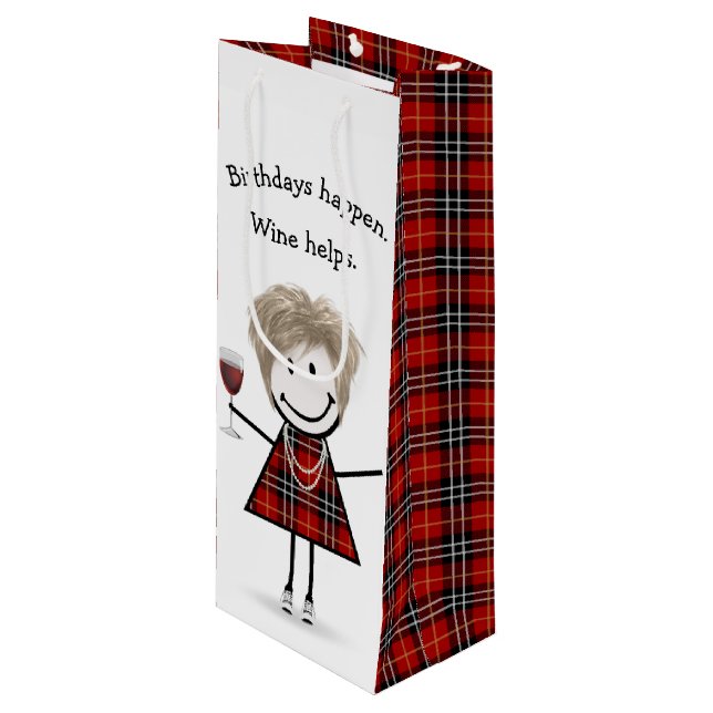 Birthday Stick Figure Girl with Red Wine   Wine Gift Bag (Front Angled)