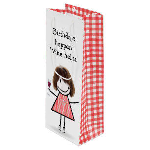 Birthday Stick Figure Girl with Red Wine  Wine Gift Bag