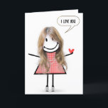 Birthday Stick Figure Girl With Speech Bubble Card<br><div class="desc">A cute stick figure girl with long blonde hair,  wearing a red and white gingham dress,  pearls,  and sneakers for birthday.
All text can be changed.</div>
