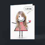 Birthday Stick Figure Girl With Speech Bubble Card<br><div class="desc">A cute stick figure girl with long blonde hair,  wearing a red and white gingham dress,  pearls,  and sneakers for birthday.
All text can be changed.</div>