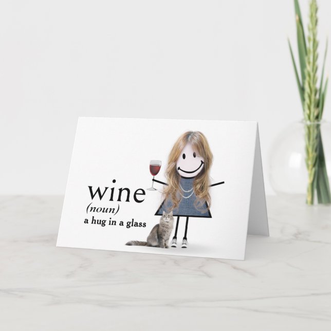 Birthday Stick Figure Girl With Wine And Cat Card (Front)