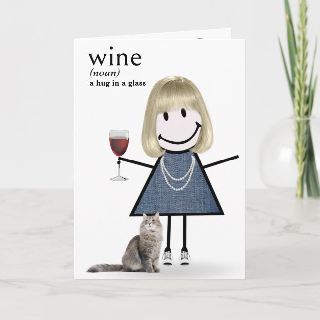 Birthday Stick Figure Girl With Wine And Cat Card (Front)