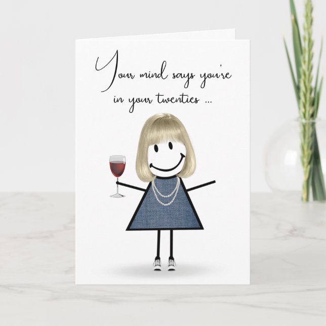 Birthday Stick Figure Girl with Wine Glass  Card (Front)