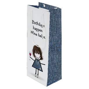 Birthday Stick Figure Girl with Wine Glass Gift Bag