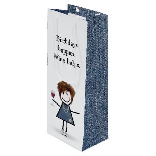 Birthday Stick Figure Girl with Wine Glass Wine Gift Bag