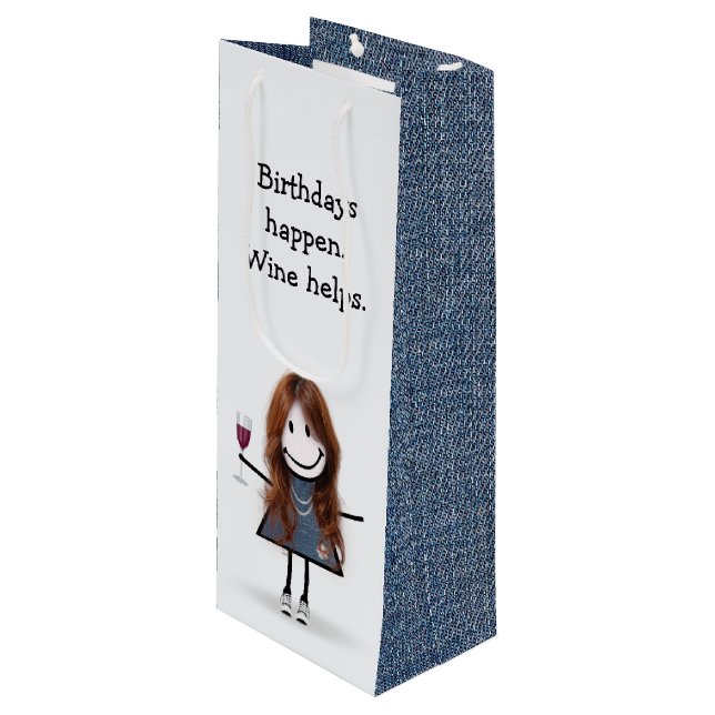 Birthday Stick Figure Girl with Wine Glass Wine Gift Bag (Front Angled)