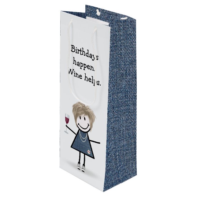Birthday Stick Figure Girl with Wine Glass Wine Gift Bag (Front Angled)