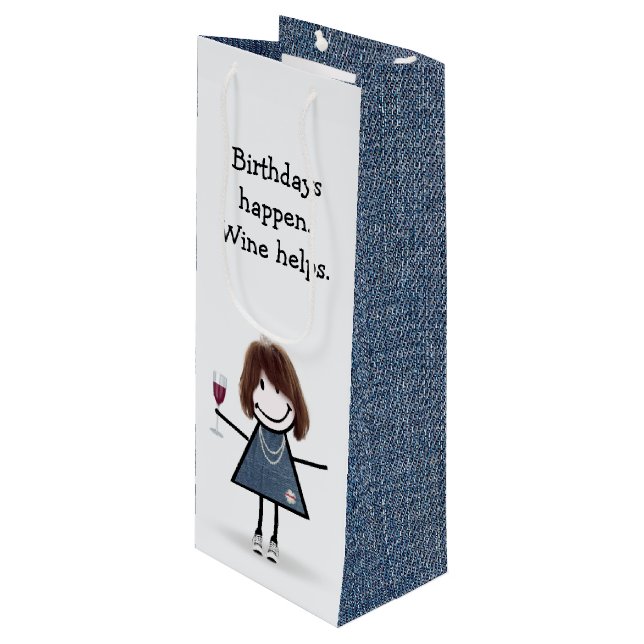 Birthday Stick Figure Girl with Wine Glass Wine  Gift Bag (Front Angled)