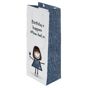 Birthday Stick Figure Girl with Wine Wine Gift Bag