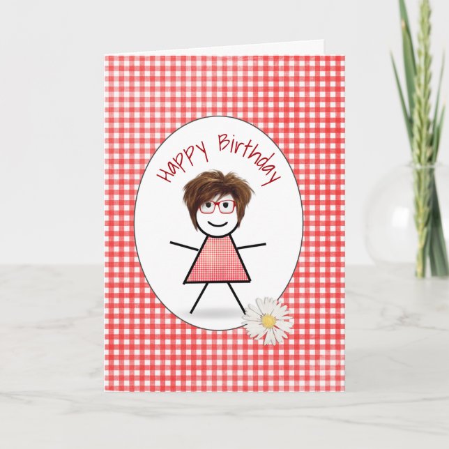 Birthday Stick Girl on Gingham Card (Front)