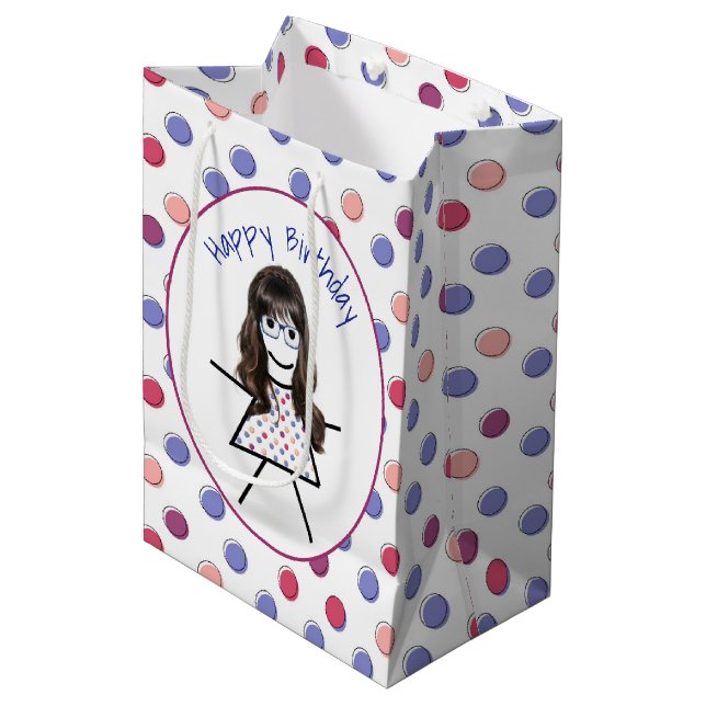 Birthday Stick Girl on Polka Dots  Medium Gift Bag (Front Angled)